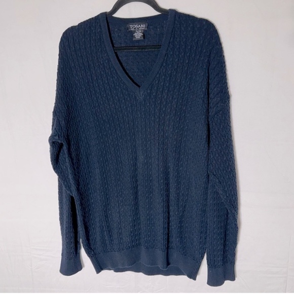 Vintage Tosani Dark Navy Blue Cable Knit V Neck Sweater XL - Picture 1 of 13
